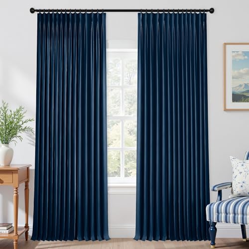 Mrs.Naturall Navy Blue Linen Pinch Pleated Blackout Curtains 42x108 Inches Length for Dining Room