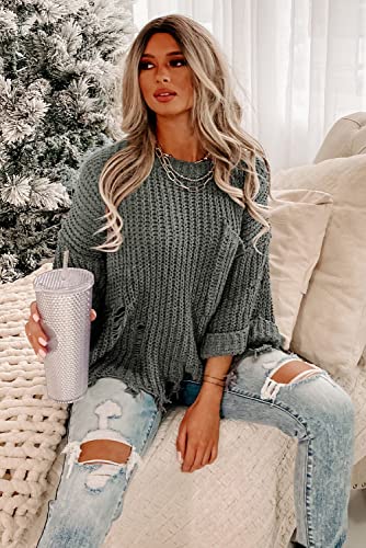 Women Streetwear Ripped Hole Knit Sweater Loose Long Sleeve Pocketed Jumper Crew Neck Pullover Tops4
