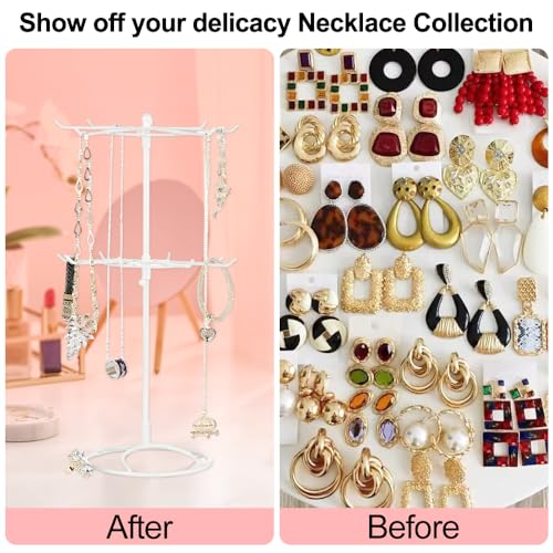 yotutun Présentoir à bijoux, rotatif, à 2 niveaux, amovible, avec 16 crochets, chaînes, colliers, rangement, en métal, pour bracelets, bagues, bracelets, blanc – vue 3