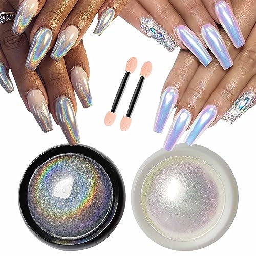 GZMAYUEN Unicorn Chrome Nail Powder and Holographic Nail Powder Nail Chrome Powder Set, Mermaid Aurora Chrome Nail Powder White Mermaid Chrome Pearl Nail Powder