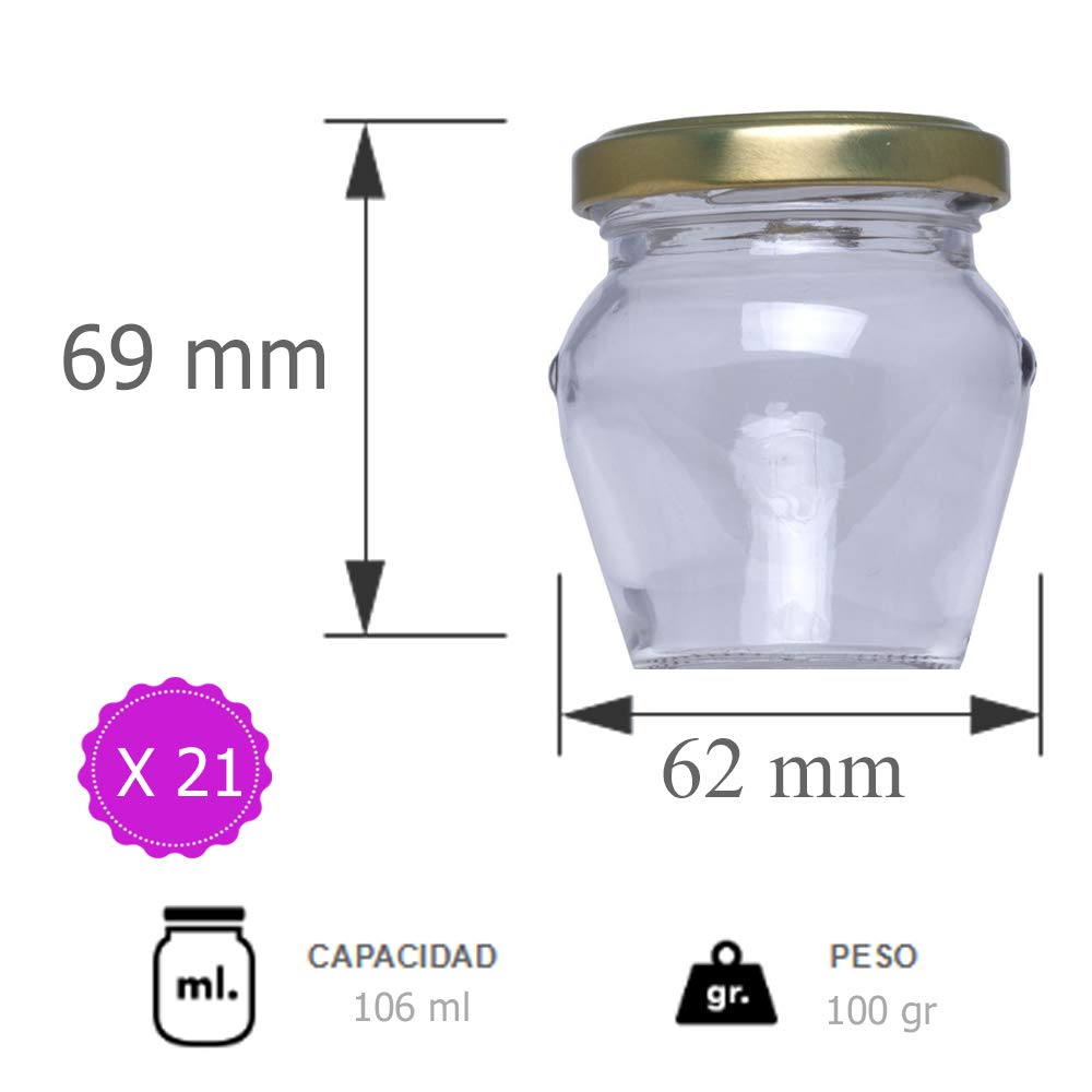 Barattoli in vetro con coperchio per dolcetti cucina, regalo di matrimonio, comunione, bomboniere, barattoli, in vetro, design esclusivo, 106 ml (21 unità)