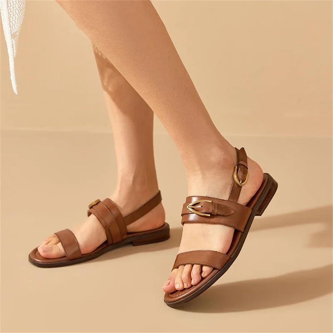 Sandalias de gladiador con hebilla y correa trasera para mujer, tacón redondo, lateral abierto, estilo gladiador, con hebilla de metal y correa trasera, sandalias de verano retro, Black, 38.5 EU