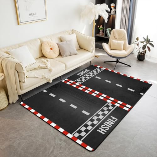 Castle Fairy Race Car Track Area Rug,Racing Car Extreme Sports Non Slip Rug for Teens Adults,Checkered Flag Competition Indoor Floor Mat for Housewarming Couch 3'x5'