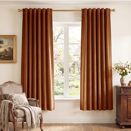 Image of Burnt Orange Velvet Curtains Back Tab Boho Drapes, W52xL72, 2 Pcs | Thermal Insulated, Window Back Tab Pinch Pleat Boho Vintage Drapes for Bedroom, Elegant Privacy, Home Decor for Sliding Door