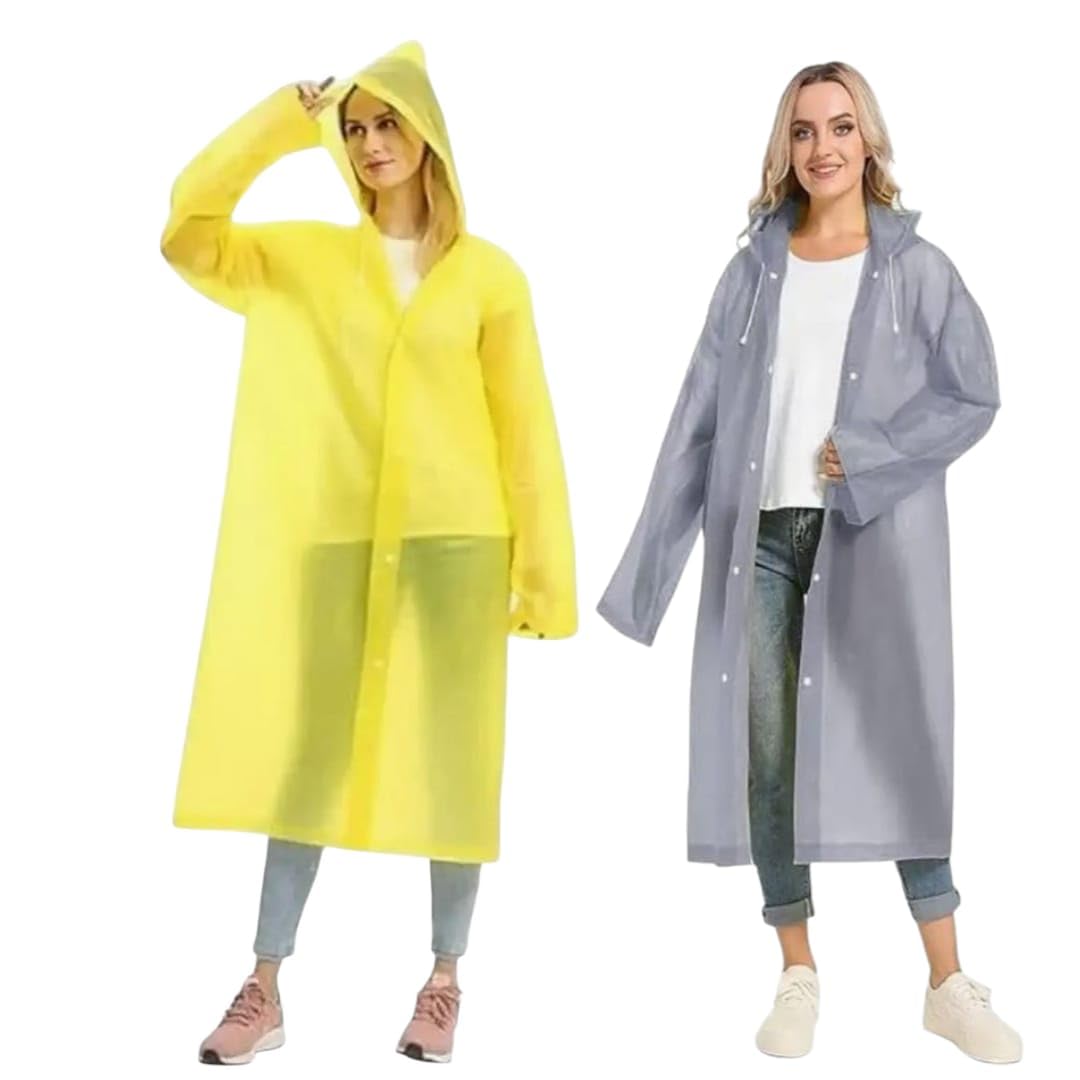 Natani Traders Reusable Raincoat with Drawstring Hood, Snap Buttons, Hemmed Wide Cuffs, 100% Waterproof, Yellow and Grey (Pack of 2)-image-19