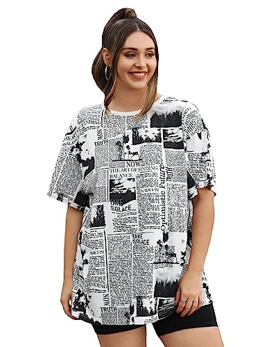 WDIRARA Womens Plus Size Newspaper Print Round Neck Half Sleeve T Shirt Tee Tops Black and White 2XL