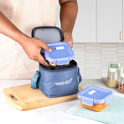 Image of WARMEO BOROFRESH 2 pc Square Borosilicate Glass Container (325 ml Each) | Leakproof, Microwave & Dishwasher Safe Lunch Box with Bag for Office, College & School