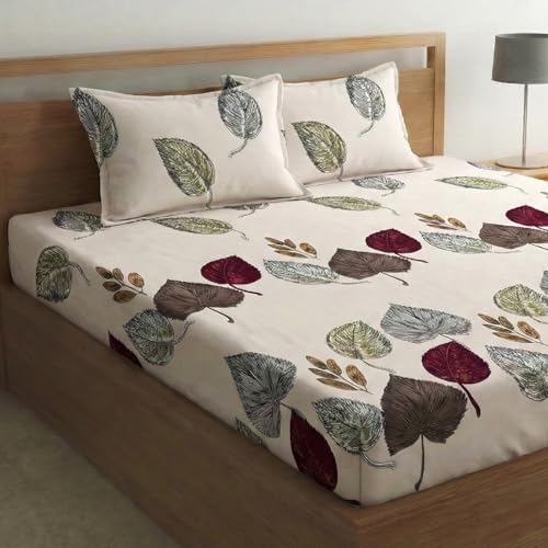 Image of Home Sizzler 210 TC Microfibre Autumn Leaves Print Double Fitted Bedsheet (72X78 inch) with 2 King Size Pillow Covers