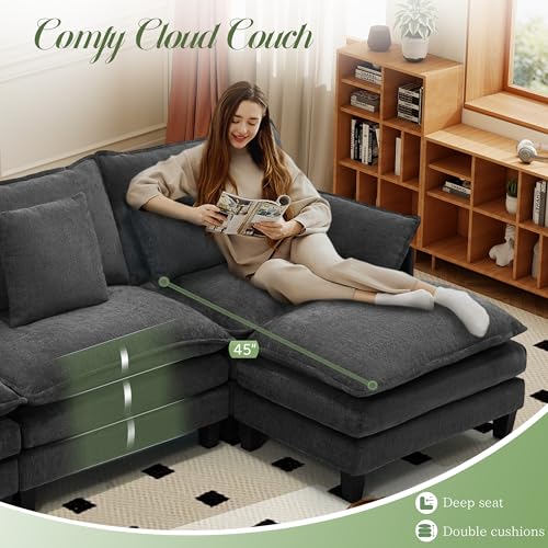 Image of 140 inch Cloud Couch, Modular Sectional Sofa with Movable Ottoman, U Shaped Modern Sofa with Pillows, Comfy Couch, Deep Seat Couches for Living Room, Bedroom and Apartment, Grey