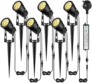 Garden Spotlights Mains Powered, B-right Upgraded 21M 68.9ft 6-in-1 Extendable to 12 Spike Lights with BS Plug 12V Garden Lights Outdoor IP65 Waterproof for Pathway Yard Landscape (Warm White, 18W)