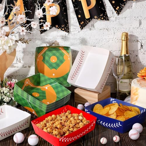 Image of Teling 36 Pcs Large Baseball Plates Party Trays 5 Lb Food Boat,4 Colors | Paper Plates with Baseball Designs, Holds Nachos Burgers Fries, For Softball Birthday Party Supplies, Serving Snack Boats