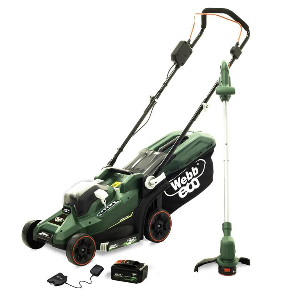 Webb Eco WEV20LM33LT25B4 20V 33cm (14″) Cordless Rotary Lawnmower and 25cm Line Trimmer (Twin Pack) 4Ah Battery & Charger included