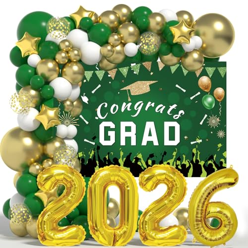 Graduation Decorations Class Of 2026: Green and Gold 2026 Graduation Decorations Balloon Arch Kit Congrats Grad Backdrop 136PCS Party Supplies for High School & College Celebrations