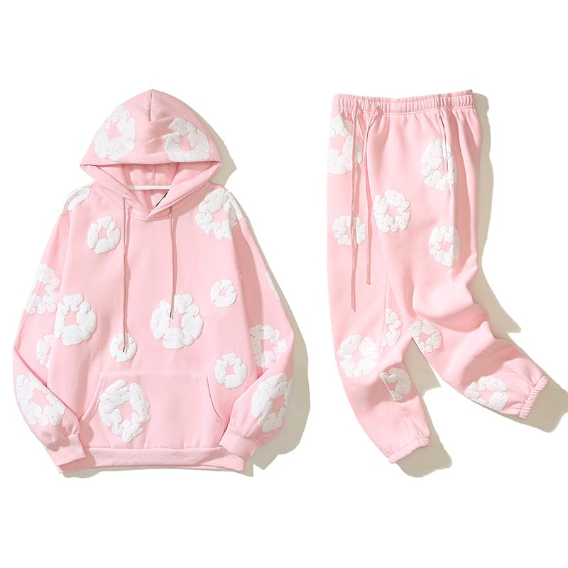 Sudiup Y2K Hip Hop Men's Hoodie Set Foam Printed Casual Retro Harajuku Set (Pink,Small)