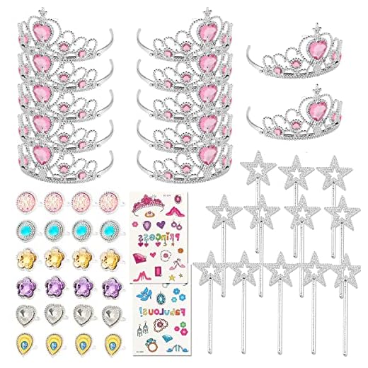 Tacobear 50 Piezas Disfraz Princesa Niña con Tiara Princesa Corona Princesa Tatuajes Anillos Varita Mágica Disfraces Princesas Vestido Accesorios Set Regalos Fiesta Cumpleaños para Niñas Niños (Rosa)