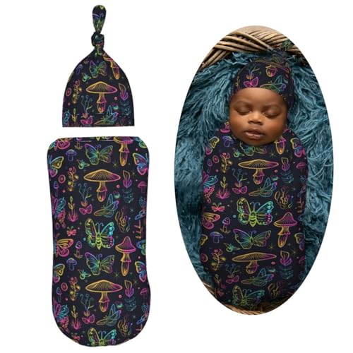 Image of Neon Night Butterflies Mushroom Newborn Swaddle Blankets Hat Sets Soft Baby Receiving Blanket Swaddle Sack for Baby Shower Infant Boy Girl Gift