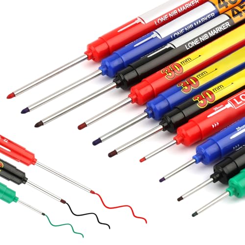 Deepton Tieflochmarker 10 Stk, Bohrlochmarker 45mm 30mm 20mm, Extralange Spitze Tiefenlochmarker, Wasserfest Markierungsstift für Holz Karton Wand Kunststoff Metall (Rot Schwarz Blau Grün)