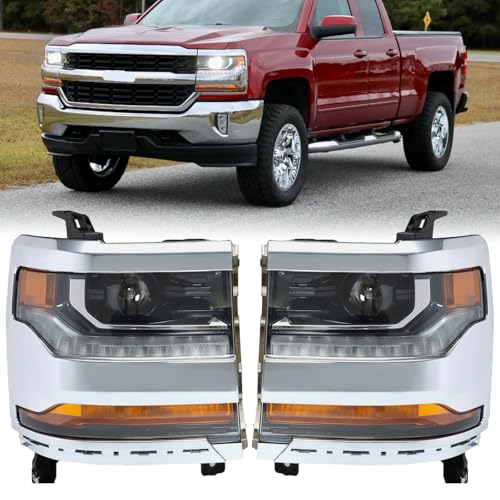 Julypanda Front Bumper LED DRL Headlight Fit for 2016-2018 Chevy Silverado 1500/2019 Silverado 1500 LD LH+RH Pair Replacement Kit Chrome Shell Amber Reflective Mirror Corner Light