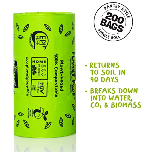 Image of PLANET POOP Home Compostable Dog Poop Bags with Handles, Large Single Roll 200 Grab & Go, Un-Scented Pet Waste Bag, Leakproof for Cat Doggy & Pets, Plant-Based Dog Supplies