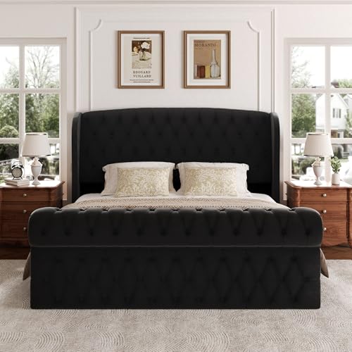viplov King Size Platform Bed Frame, Chenille Upholstered Sleigh Bed with Scroll Wingback Headboard & Footboard, 52