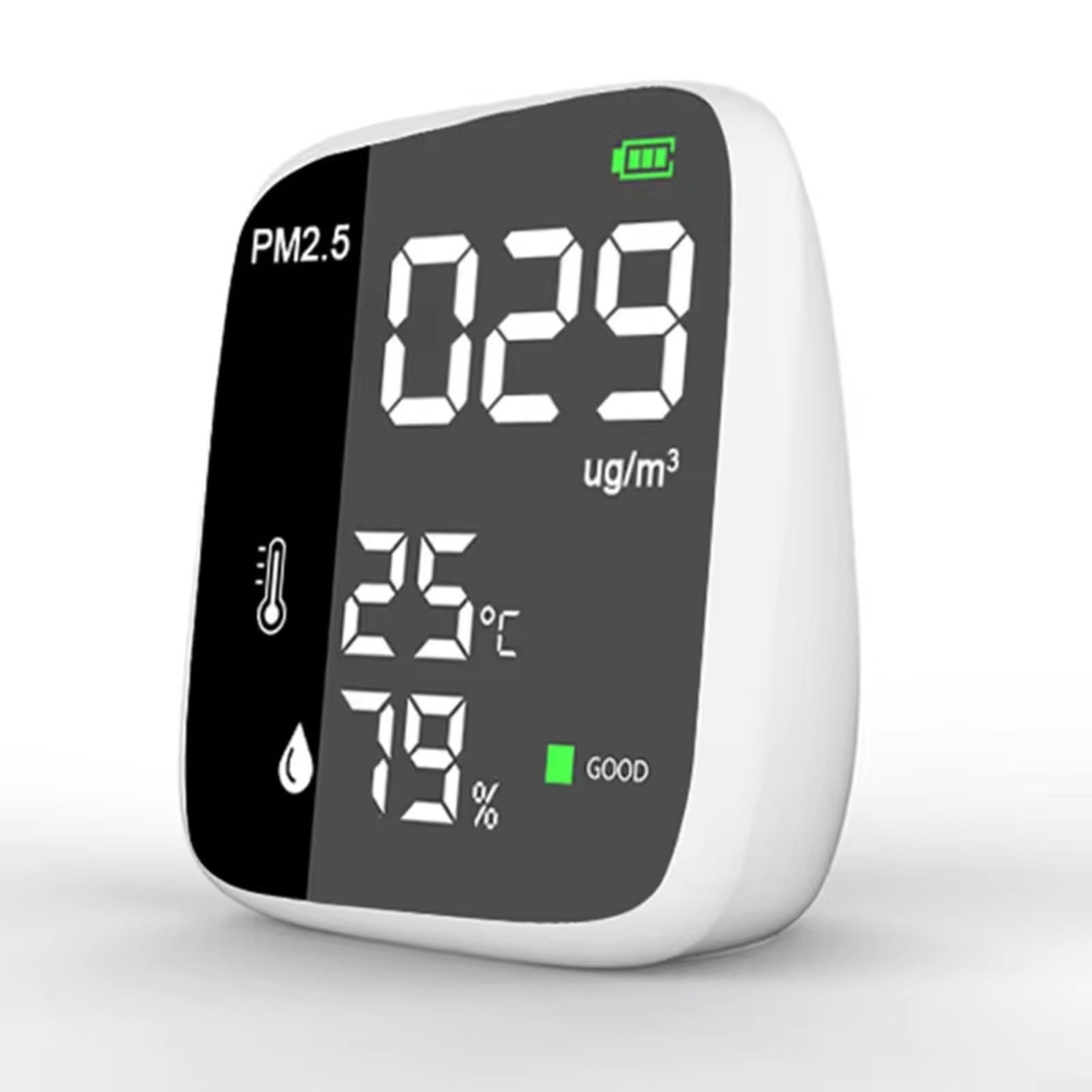 PM2.5 Monitor de calidad del aire con detección en tiempo real de la temperatura y humedad de la materia particulada Indicador visual de carcasa ABS compacta y alarma para seguridad ambiental