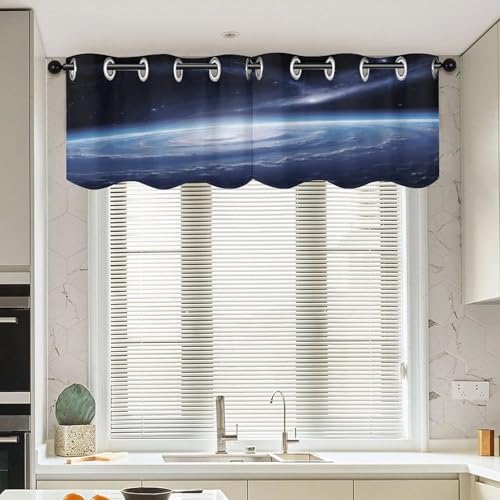 Cortinas opacas de dormitorio y cocina con estampado espacial, cenefa de ventana corta 4
