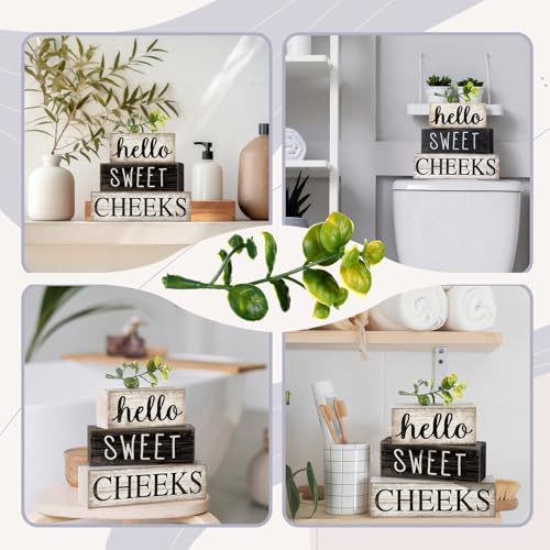 Image of Moucuny 4 Pcs Bathroom Shelf Decor Hello Sweet Cheeks Sign Farmhouse Bathroom Decor and Accessories Rustic Eucalyptus Leaves Wood Block Sign Gift Sweet Home Table Centerpiece for Home Office