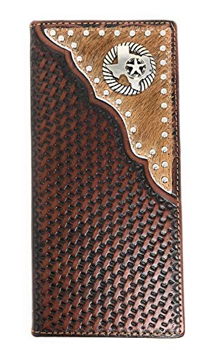 Western Genuine Leather Cowhide Cow fur Basketweave Texas State Men's Long Bifold Wallet in 3 colors (Coffee)