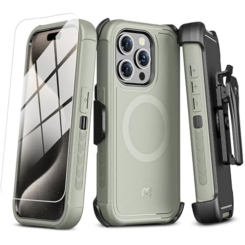 M MYBAT PRO Maverick Series iPhone 15 Pro Case with Belt Clip Holster,[Compatible with Magsafe] w/Screen Protector,Anti-Drop,Shockproof,360°Rotating Kickstand,Heavy Duty Protection Natural Titanium Cover