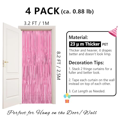 Image of Pink Party Backdrop Decorations - Thicken 4 Pack 13.2x8.2 FT - Birthday Decorations for Women Girls, Foil Fringe Curtains for Bachelorette, Graduation, Baby Shower Party Decorations