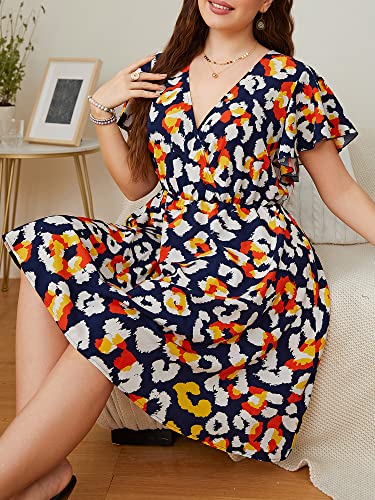 Kiboule Vestido feminino plus size estampado manga curta cintura elástica vestido casual