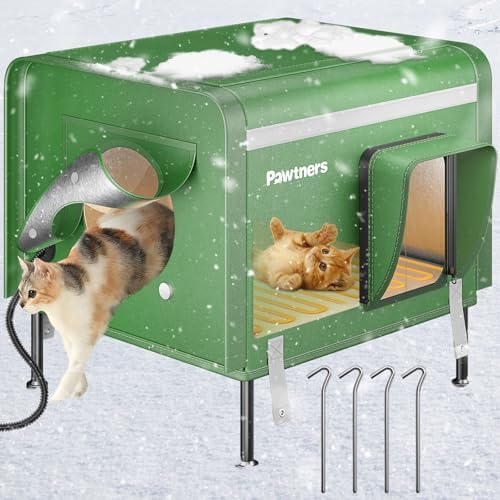 Pawtners Heated Outdoor Cat House for Outside Cats, 19'' Large Insulated Weatherproof Cat Shelter with Heated Pad, Elevated Feet & Escape Door, Warm Kitty House for Feral or Stray Cats in Winter