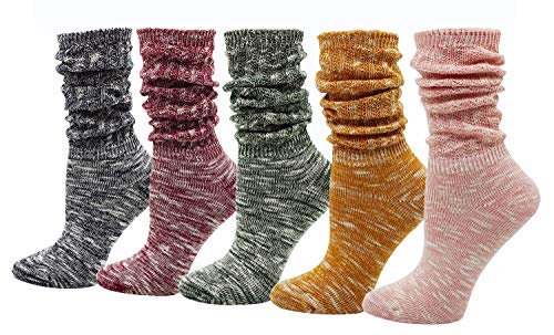 Bienvenu 5 Pairs Womens Teen Girls All Season Lightweight Cable Knit Cotton Socks Candy Color Slouch Boot Socks, Candy Color 5