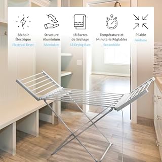 Fishtec - Étendoir à Linge Electrique Pliable en Aluminium Sèche Serviette Salle de Bain Chauffant 18 Barres 230 W 145CM Argent Séchage Rapide et Sécurisé (avec minuteur)
