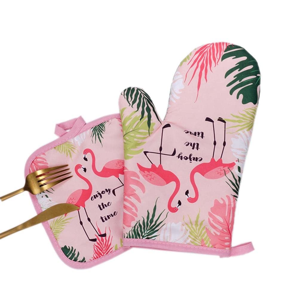 Coolbaby 2Pcs Flamingo Pattern Microwave Gloves Cotton And Linen Padded High Temperature Resistant Oven Gloves For Kitchen Cooking Tool