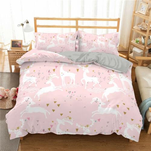 Housse de couette 240 x 260 cm anti-plis en microfibre résistante motif élan rose pour grand lit