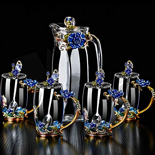 Black Friday Sale 2022 Crystal Glass 3D Butterfly Flower Tea Cups, Coffee Cup Mug Set, Including 4 Fancy Glass Teacup with Spoon & Flower Tea Steeping Mug with Lid, Gift Box Package, A Great Gift Present Idea. (Blue 12oz)