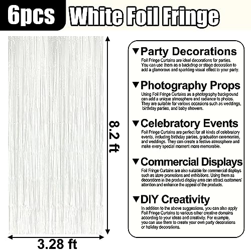 Image of 6 Pack Macaron White Foil Fringe Curtain Backdrop, 3.28Ft x 8.2Ft Metallic Tinsel Foil Fringe Streamer Curtains for Photo Booth, Christmas Day, Thanksgiving, Wedding, New Year Party Decorations