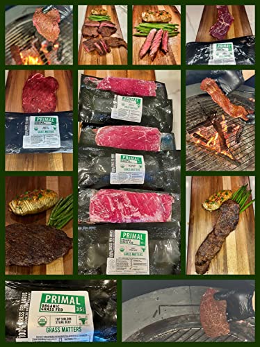 Primal 35 Organic Grass Fed Carne Asada Combo. Better For You Steak! Grass Matters! Combo Box Contains 2-8Oz Skirt Steaks, 2-8Oz Bavette Steaks & 2-8Oz Top Sirloin Steaks #TOP7