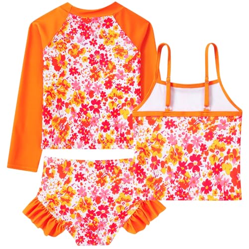 Image of Funnycokid Girls Swimsuit 3 Pieces Long Sleeve Rash Guard Set Tankini Bathing Suits Summer Kids Swimwear 3-10 Years