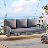 BAMOOLI 3-Seater Porch Swing,3 Person 69” Wicker Hanging Swing Bench with Chains & Cushions 800 lbs Weight Capacity, Modern Patio Swing Bench Chair for Garden, Backyard, Gray