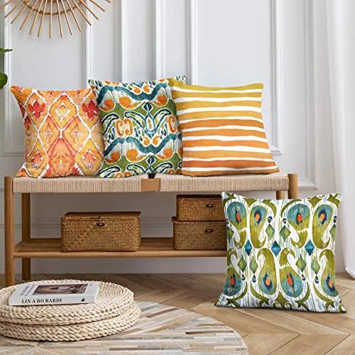 Realhomes Set of 4 Art Nouveau Victroian Pattern Square Cushion Cover - Pack 4 Southwestern Green Throw Pillowcase - Farmhouse Themed Orange Decorative Accent Pillow Cover - 18x18 inc