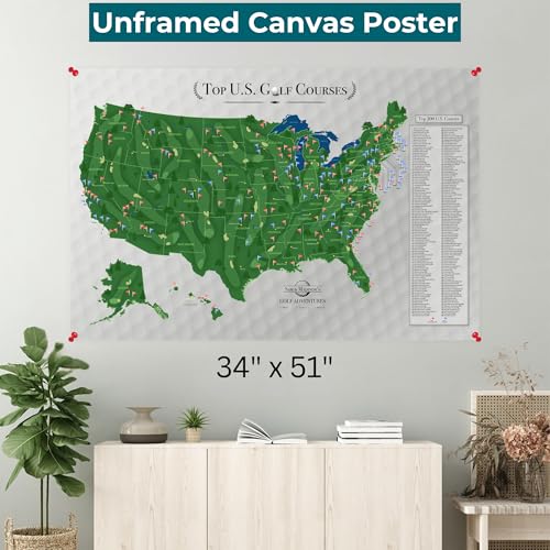 Image of Personalized Canvas Rolled Poster Top 200 Golf Courses USA Canvas - Extra Large 34 inch x 51 inch Personalized Golf Course Tracker with Pins, Framed Golf Wall Decor