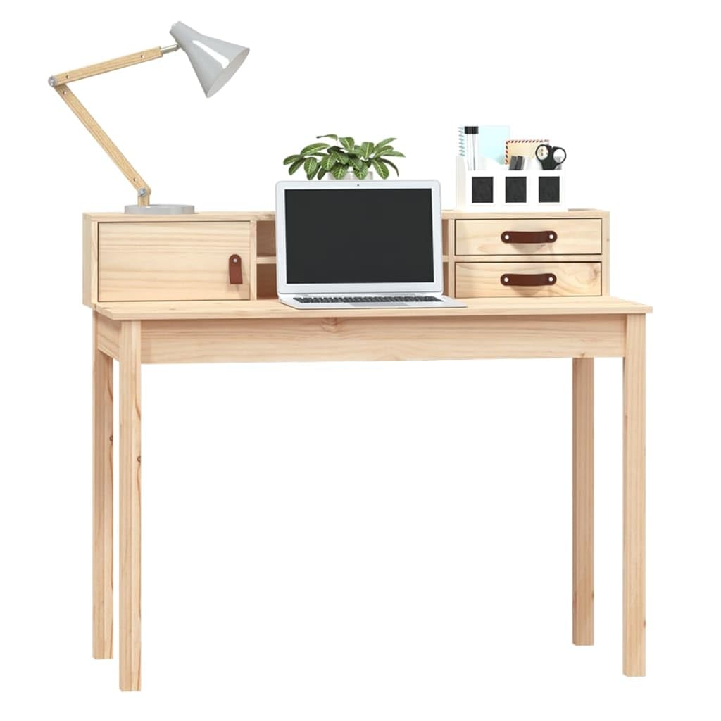 Scrivania in legno di pino massiccio, 110 x 50 x 93 cm, compatta, da ufficio, segretario per casa, ufficio, studio, con spazio di archiviazione e struttura stabile