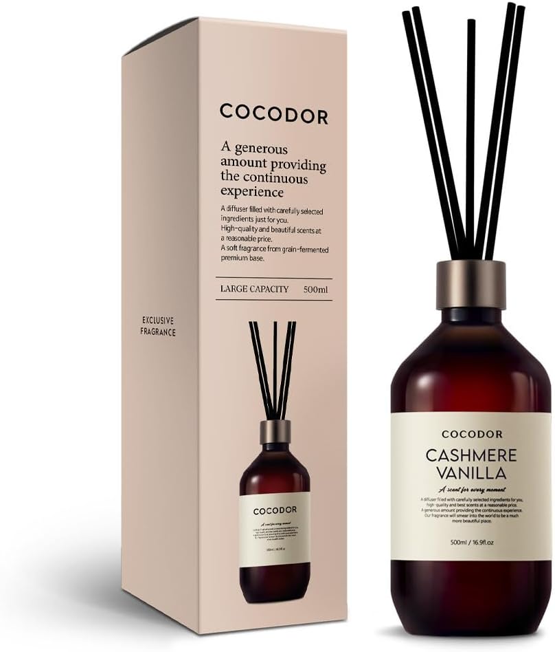 COCODOR Premium Reed Diffuser/Cashmere Vanilla /16.9oz /1 Pack/Large Capacity Fragrance Scent Oil Stick Diffuser Set for Bedroom Bathroom Home Décor