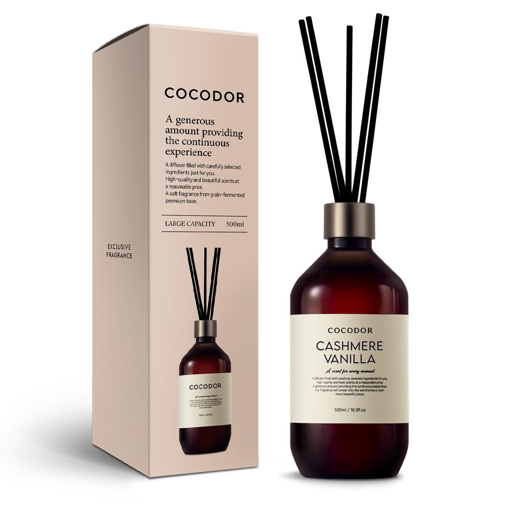 COCODOR Premium Reed Diffuser/Cashmere Vanilla /16.9oz /1 Pack/Large Capacity Fragrance Scent Oil Stick Diffuser Set for Bedroom Bathroom Home Décor