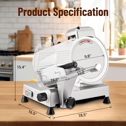 Takywep Electric Meat Slicer, 10" Non-sticky Stainless Steel Blade, Electric Frozen & Deli Meat Cheese Ham Food Slicer with Sharpening Stone, Adjustable Slice Thickness, for Commercial and Home, 240W