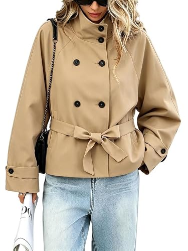 Image of CHARTOU High Collar Cropped Trench Coat Women Belted Double Breasted Short Jackets (Medium, Khaki)