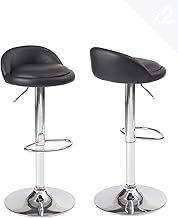 KAYELLES Set of 2 Faux Leather Padded Bar Stools with Small Backrest, Adjustable Height and Swivel 360° Chrome Sati Base (Black)