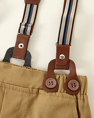 Baby Boys Dress Clothes, 4-5T Boys Long Sleeves Button Down Dress Shirt with Bow Tie + Suspender Khaki Pants Clothing Set Gentlemen Outfit, Beige 4-5 Years